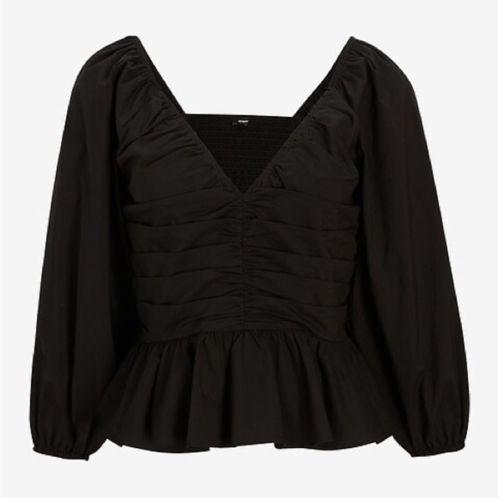 EXPRESS- V-Neck Pleated Peplum Top - Picture 4 of 10